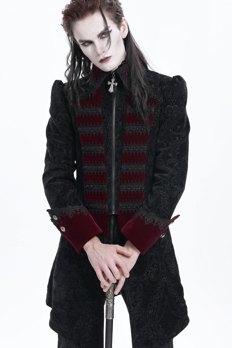 Crimson Noir Crochet Lapel Collar Long-Sleeve Men's Gothic Jacket