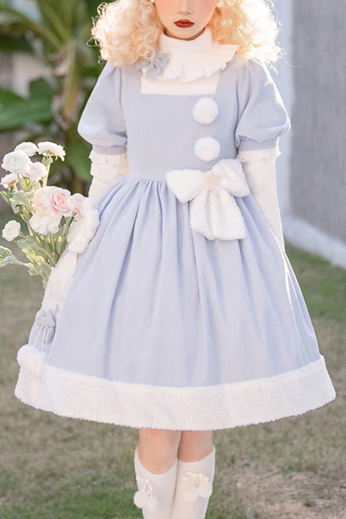 Azure Square Neck Short Sleeve Waist Bow Winter Star Sweet Lolita Gown
