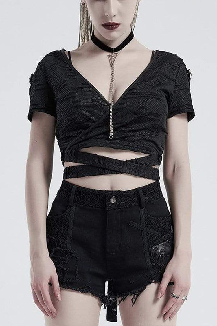 Punk V-Neck Short Sleeve Tee with Back Bandage & Distressed Holes in Black