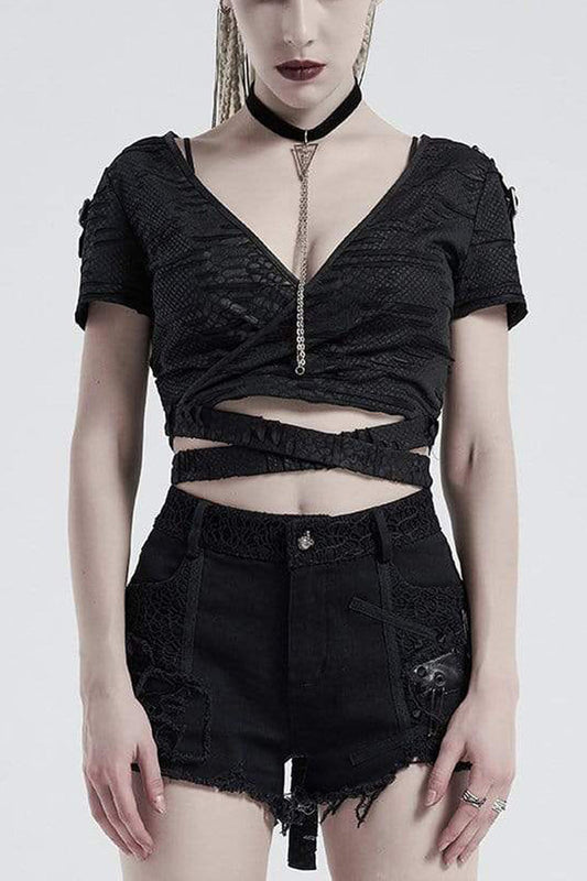 Punk V-Neck Short Sleeve Tee with Back Bandage & Distressed Holes in Black