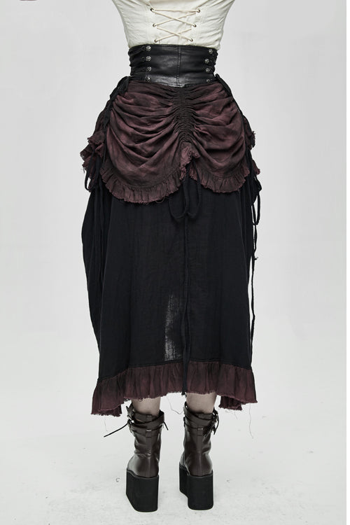 Steampunk Half Skirt with Drawstring and Burgundy Print