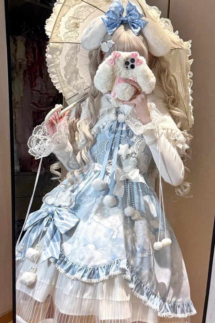Asymmetric Embroidered Bow Lace Elegant Cut-Out JSK Ensemble - Cloud Dreamland