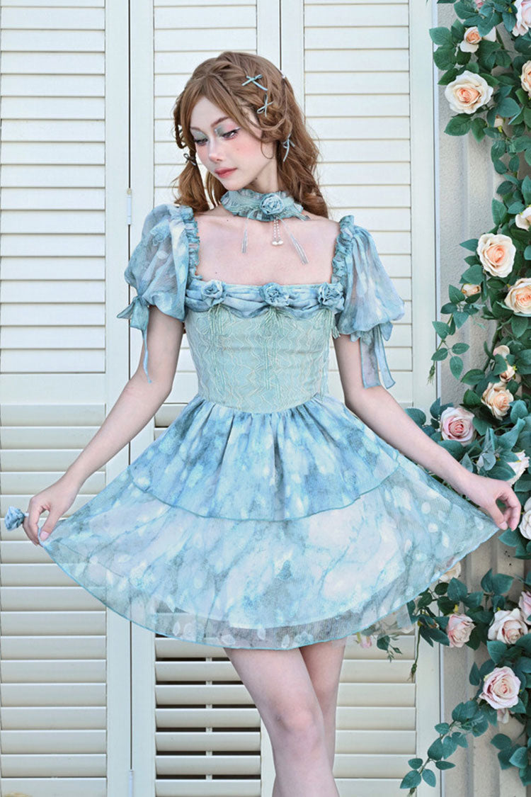 Azure Square Neck Short Puff Sleeve Multi-Layer Print Ruffle Tie-Dye Princess Lolita