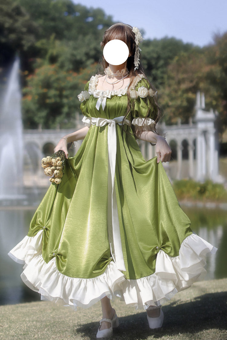 Emerald Square Neck Short Sleeve Ruffle Bow Sweet Regency Vintage Lolita Dress