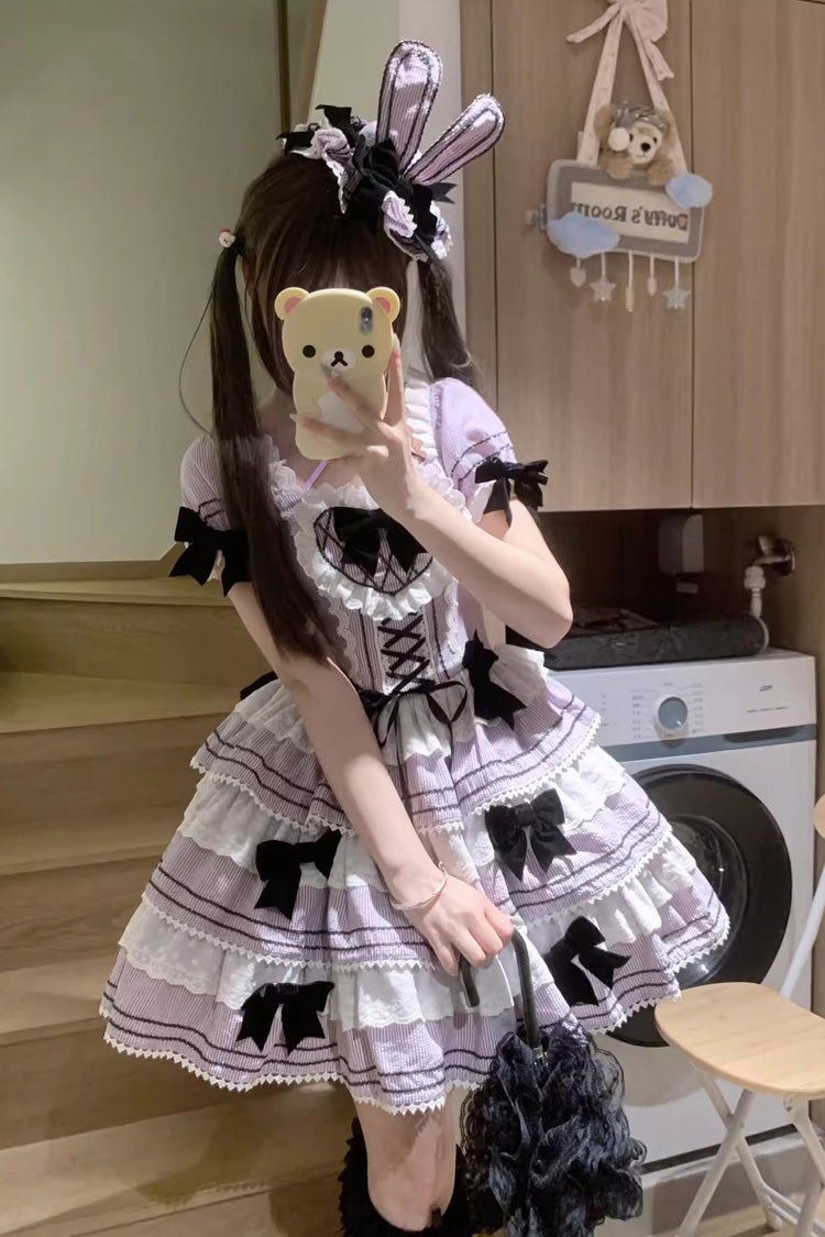 Sweet Lolita JSK with Striped Ruffle Bowknot and Lace-Up Front