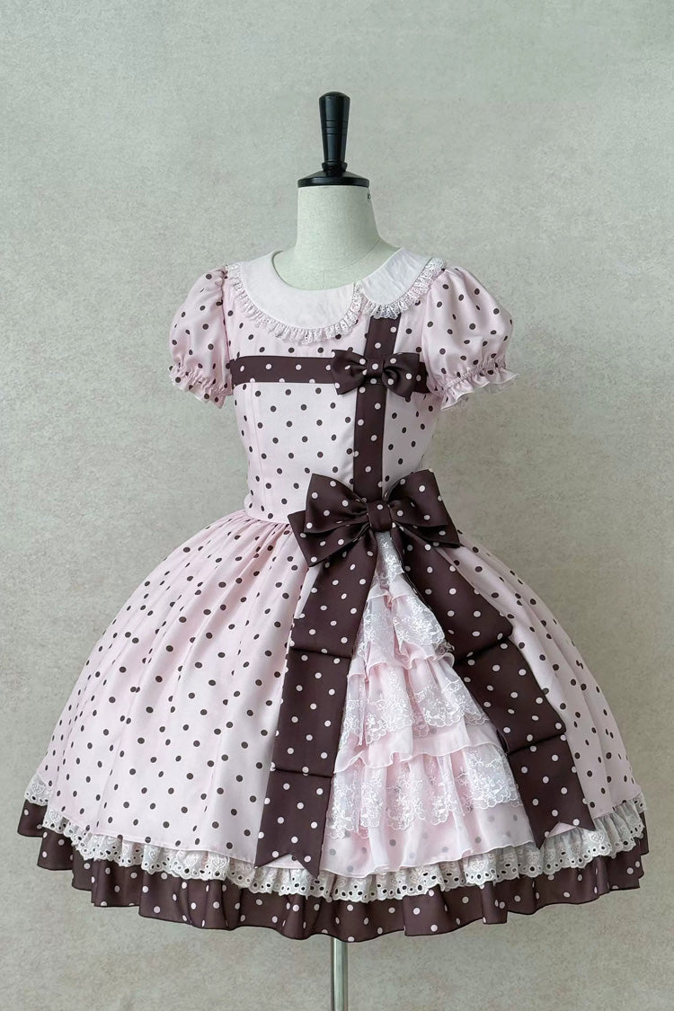 Canelé Gift Box Round Collar Short-Sleeve Polka Dot Ruffle Open Bow Asymmetric Lolita Dress V2