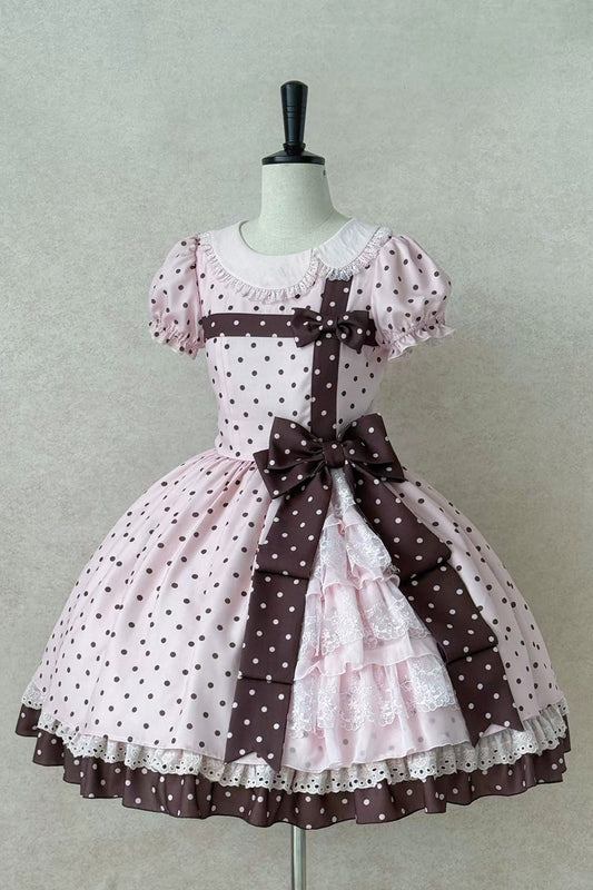 Canelé Gift Box Round Collar Short-Sleeve Polka Dot Ruffle Open Bow Asymmetric Lolita Dress V2