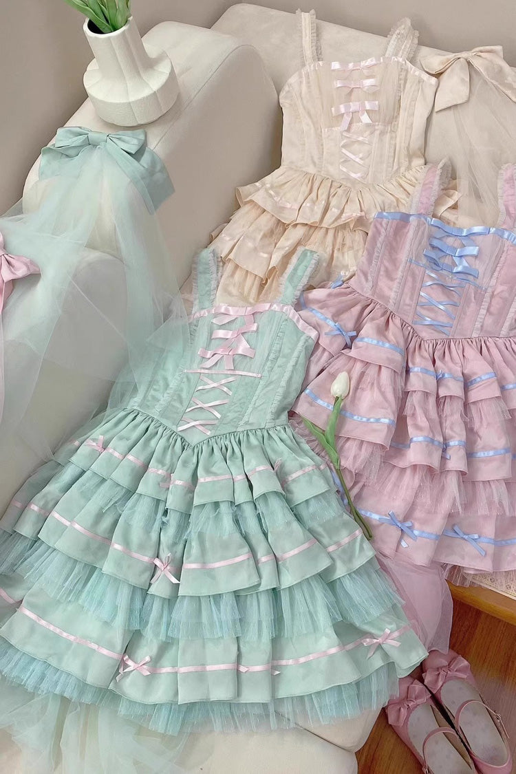 Emerald Triple Ruffle Bow Lace Fishbone Sweet Ballet Lolita Jumper with Shirt