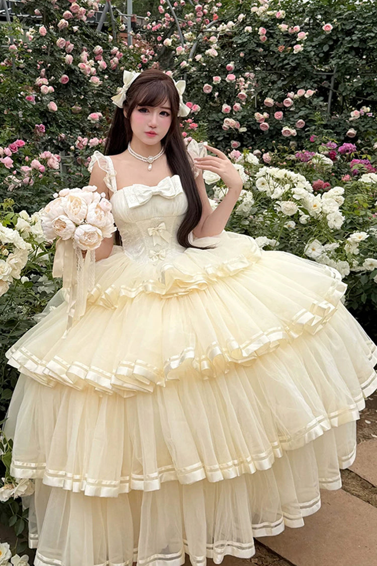 Sweet Organza Satin Sleeveless Multi-Layered Ruffled Hanayome Bow Lace Sweet Elegant Princess Lolita Jsk Dress