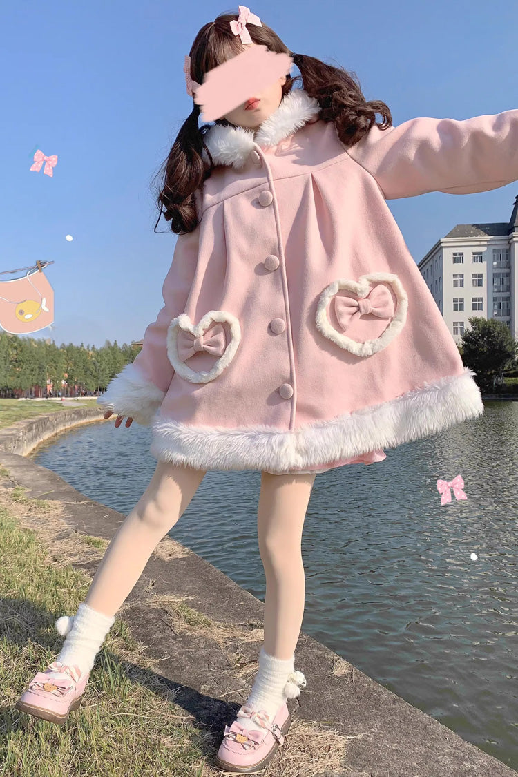 Woolen Rabbit Ears Single-Breasted Bowknot Coat, Sweet Princess Lolita Style