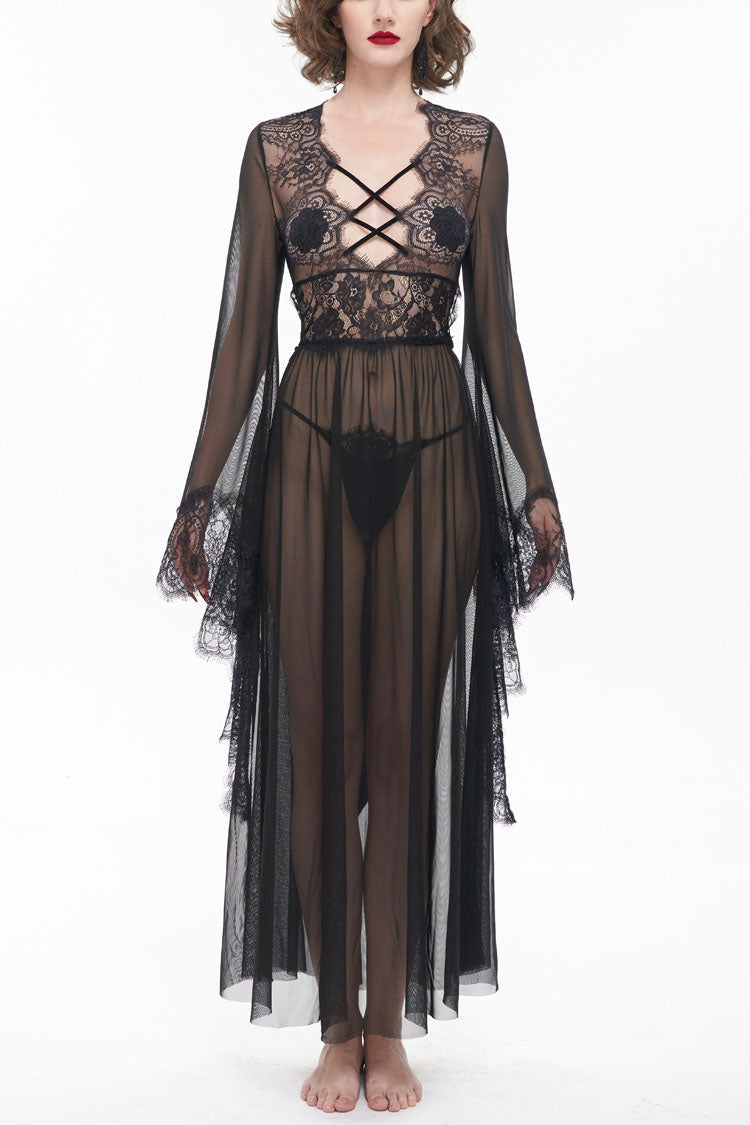 Sheer Backless Lace Bell-Sleeve Goth Gown