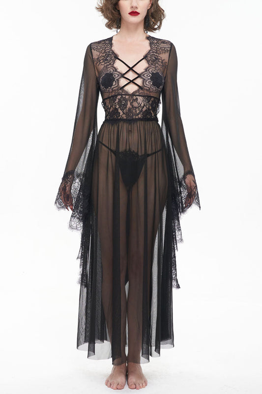 Sheer Backless Lace Bell-Sleeve Goth Gown