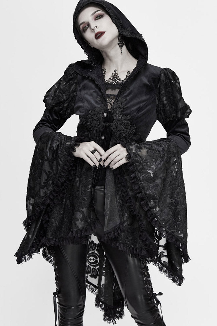 Gothic Velvet Hooded Coat with Metal Buttons, Lace Cuffs & Chest Decals