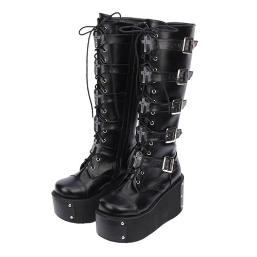 Lolita Boots with High Platform and Cross Adornment