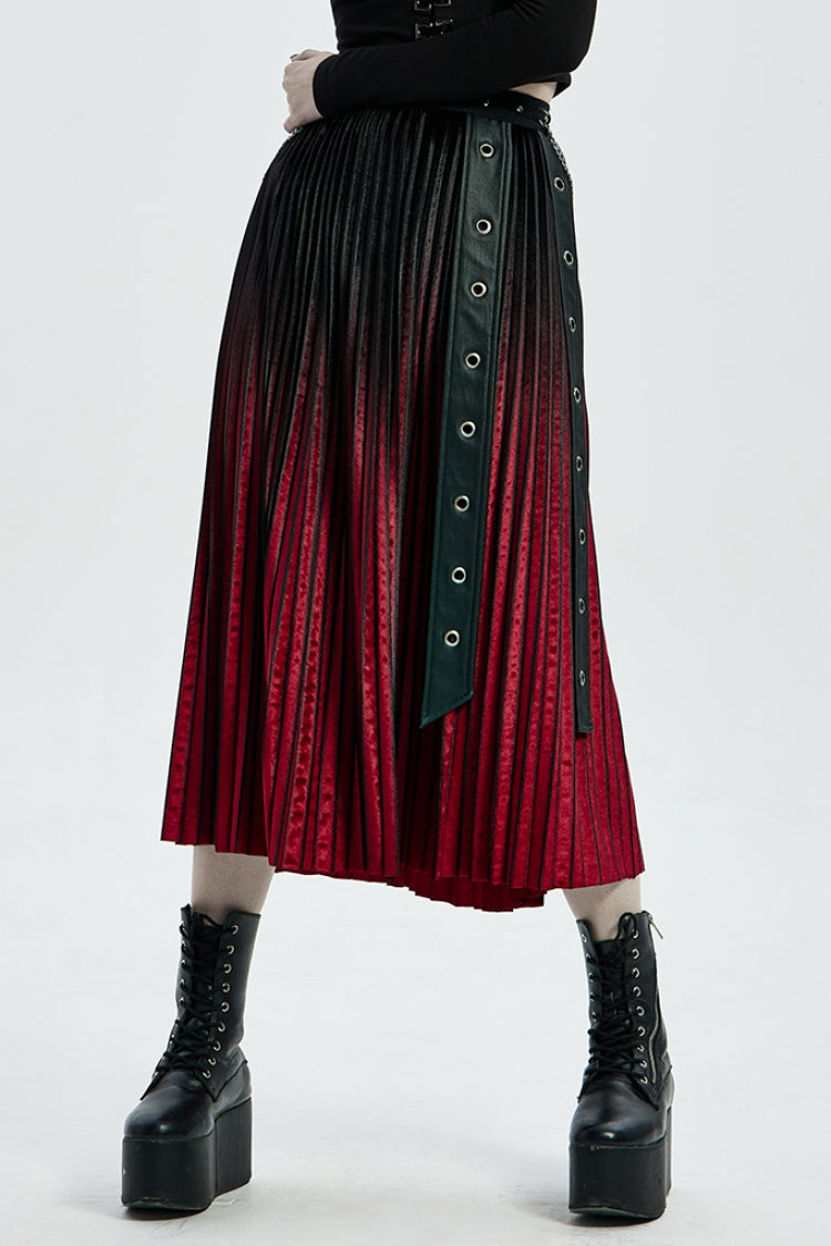 Crimson & Noir Metal Studs & Chain Accent Ombre Steampunk Skirt