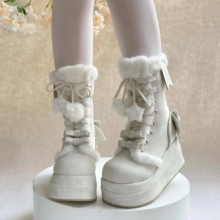 Sweet Lolita Plush Bowknot Lace-Up Platform Boots in Beige