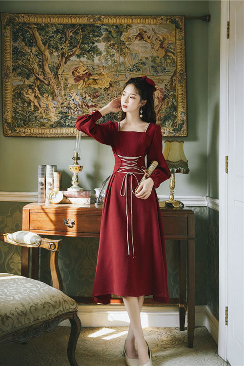 Burgundy European Manor Square Neckline Long Sleeve High Waist Classic Lolita One-Piece Dress