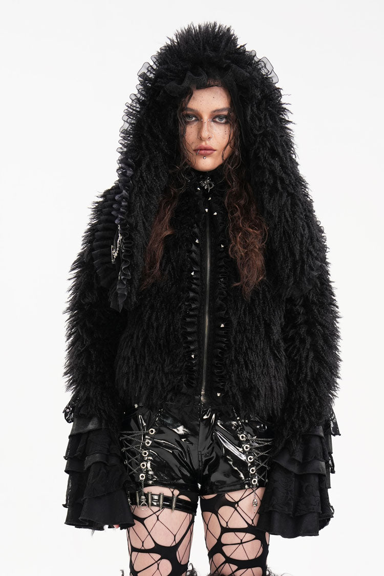 Gothic Jacket with Lace Hood, Zipper Chain, and Extended Sleeves