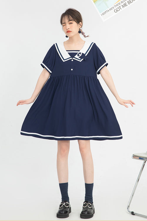 Vintage Navy Collar High-Waisted Sweet Lolita Short Sleeve Dress