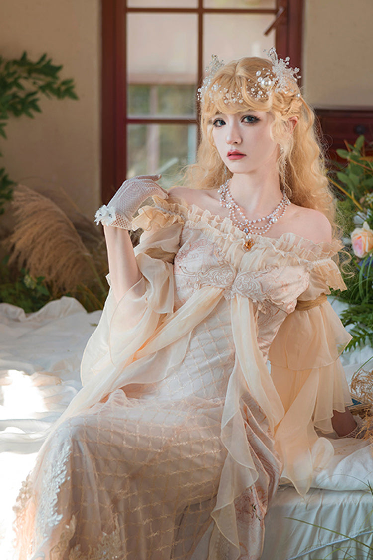 Bathing in the Light Short Sleeves Dress, Ruffle Embroidery Lace Sweet Elegant