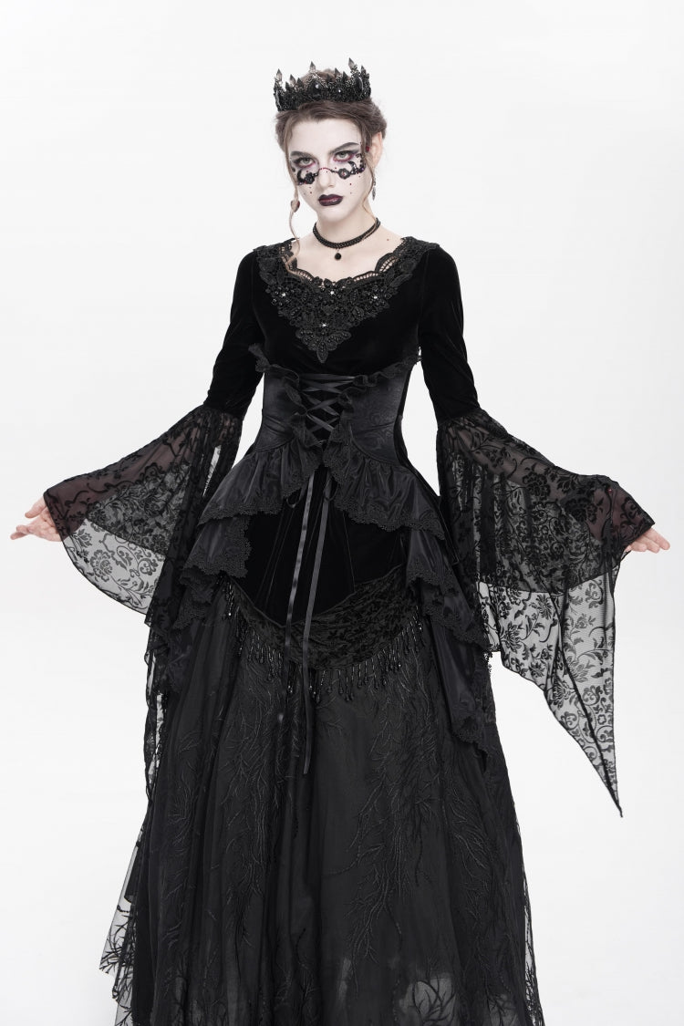 Beaded Pleated Gothic Blouse with Lace-Up Front and Extended Sleeves