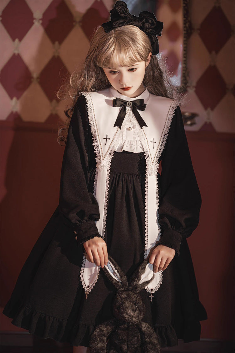 Elegant Nun-Inspired Gothic Dress with Ruffled Bow and Lace, Long Sleeves