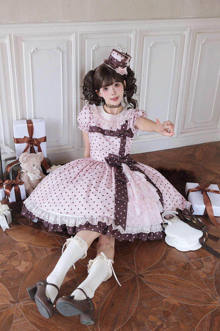 Canelé Gift Box Round Collar Short-Sleeve Polka Dot Ruffle Open Bow Asymmetric Lolita Dress