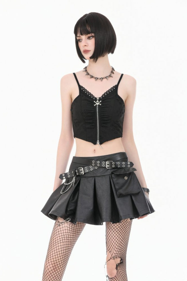 Women's Punk Pleated Skirt with Belt, Chain and Cross Lace-Up Decoration