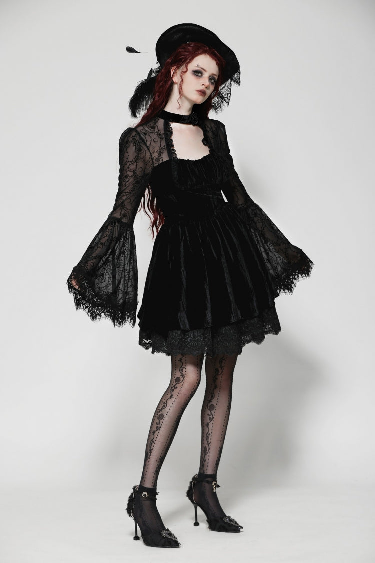 Floral Jacquard Lace-Up Mini Dress with Trumpet Sleeves and Cut-Outs