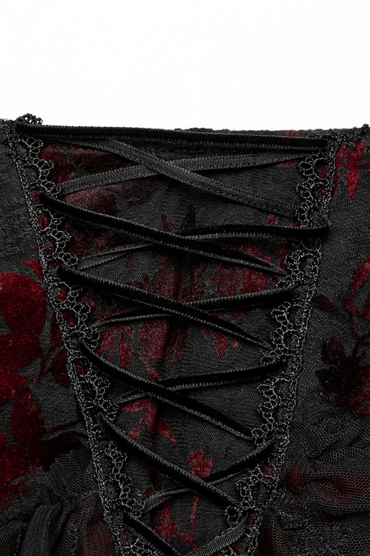 Crimson Noir Layered Ruffle Hollow Lace Gothic Skirt for Women