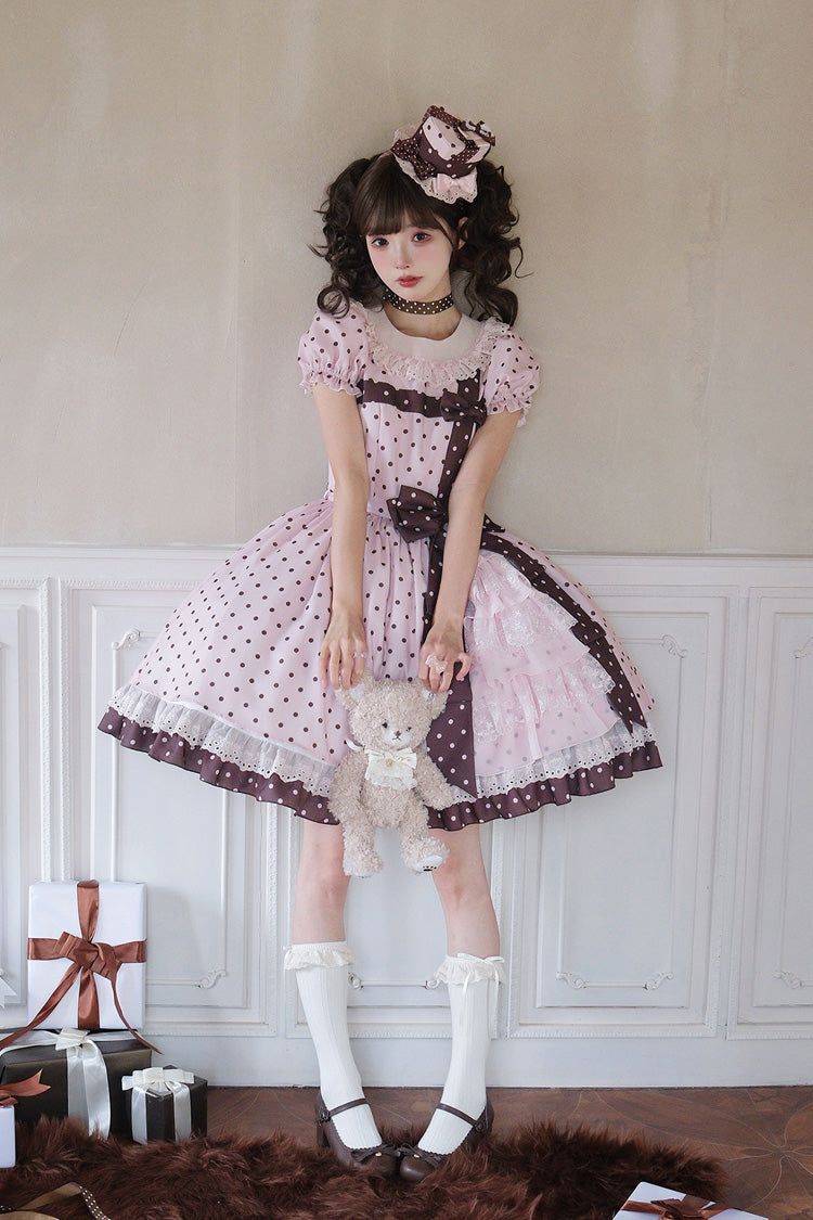 Canelé Gift Box Round Collar Short-Sleeve Polka Dot Ruffle Open Bow Asymmetric Lolita Dress