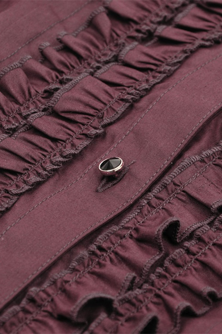 Burgundy Turn-Down Collar Ruffled Long Sleeve Gothic Women's Blouse
