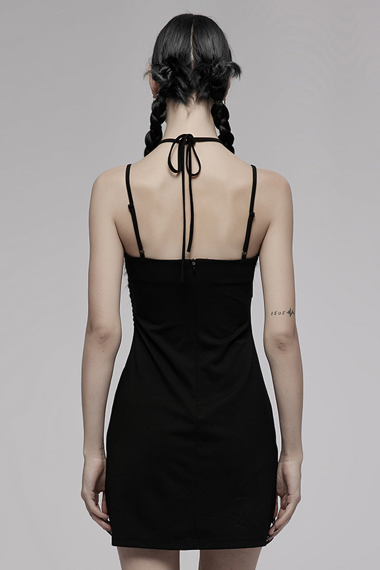 Punk Dress with Knitted Stretch Hollow Design Drawstring and Halter Neck