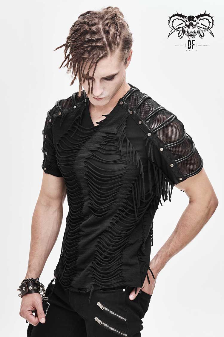Punk T-Shirt with Tattered Stripes and Mesh Sleeves