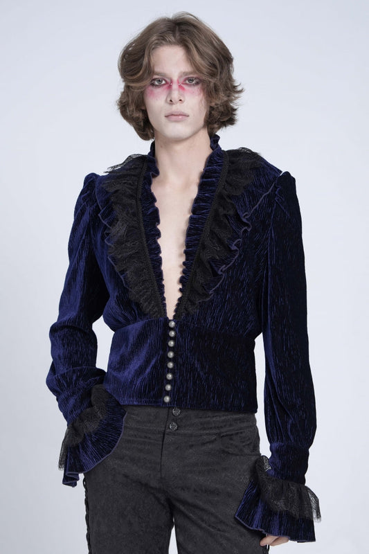 Azure V-Neck Long Sleeve Ruffle Trim Lace Gothic Men's Shirt