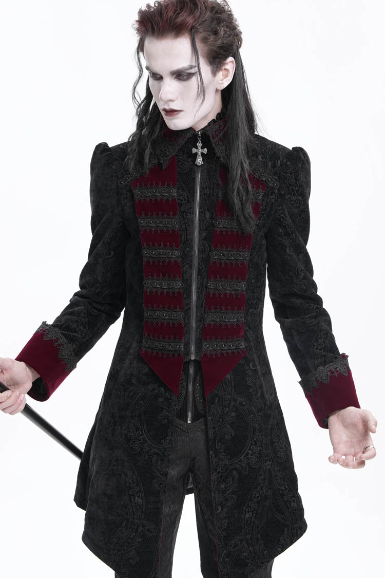 Crimson Noir Crochet Lapel Collar Long-Sleeve Men's Gothic Jacket