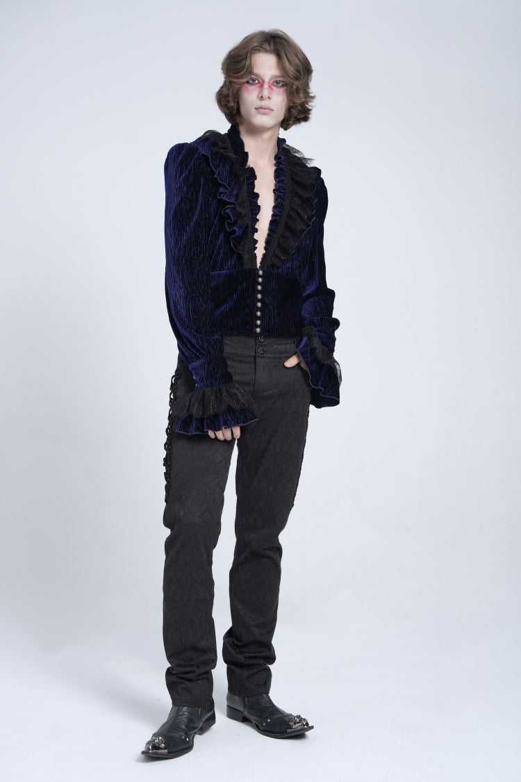 Azure V-Neck Long Sleeve Ruffle Trim Lace Gothic Men's Shirt