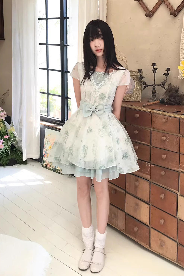 Emerald Short Sleeve Floral Print Bow Lace Sweet Princess Lolita Dress