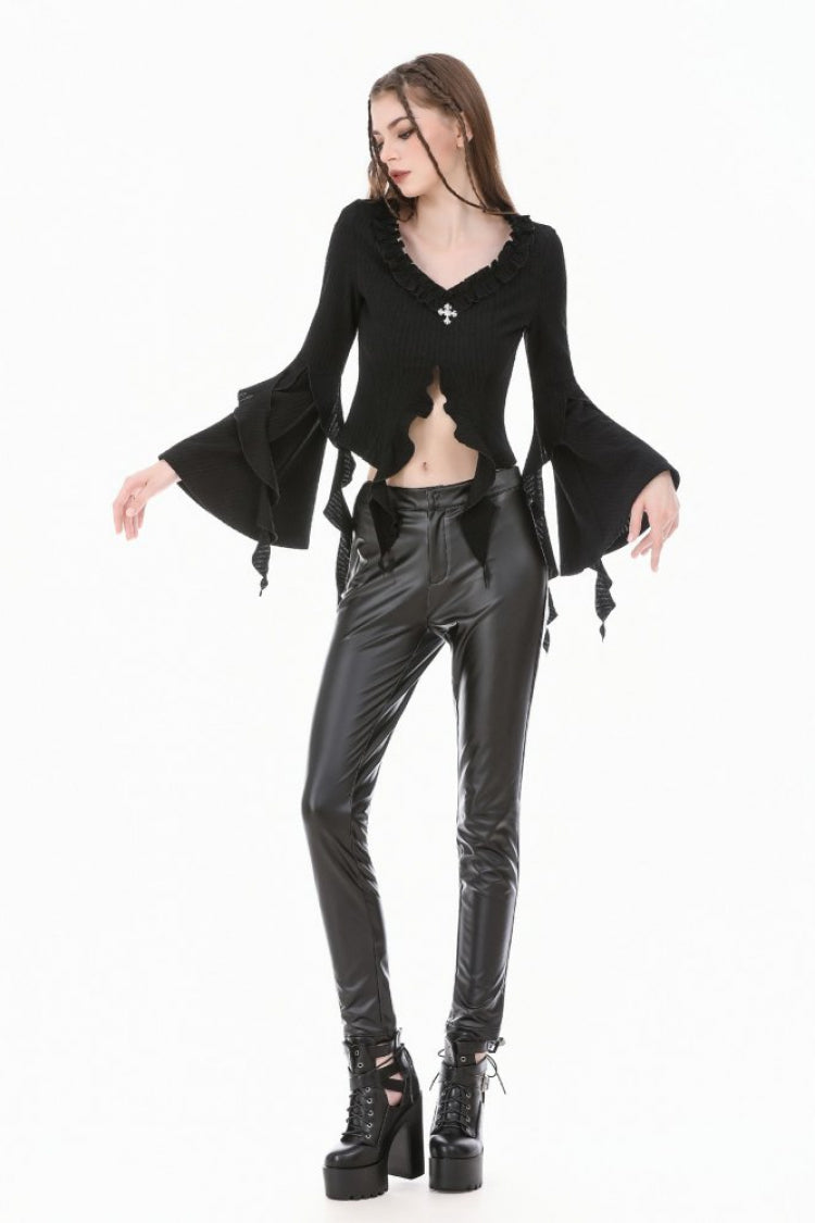 Women's Gothic Crop Top with Ruffled V-Neck, Split Trumpet Sleeves and Streamer