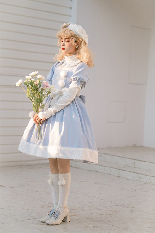Azure Square Neck Short Sleeve Waist Bow Winter Star Sweet Lolita Gown
