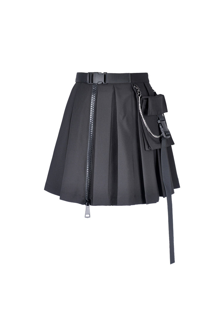Zippered Pleated Punk Mini Skirt with Side Bag
