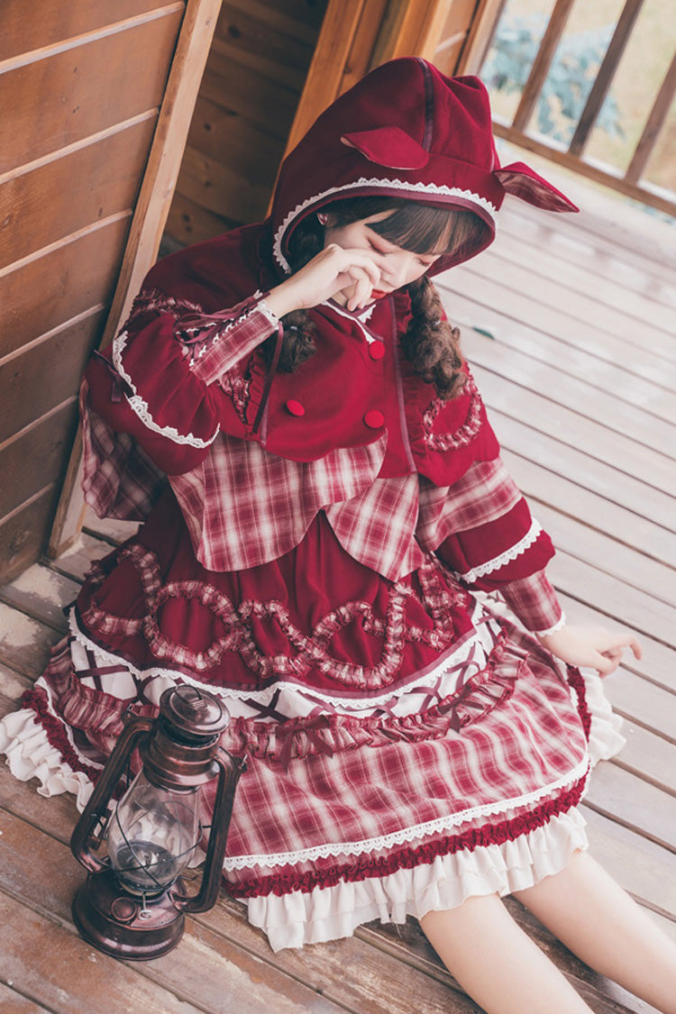 Crimson Plaid Layered Lolita OP with Lantern Sleeves and Bows
