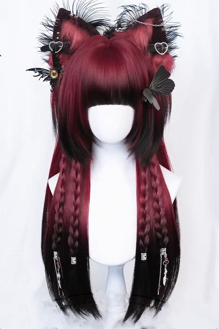 Gothic Ombre Burgundy Wig with Long Straight Bangs