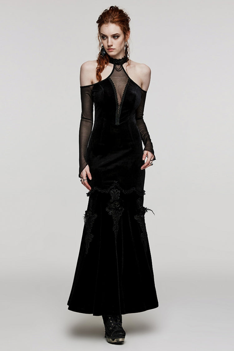 Gothic Mesh Dress with Off-Shoulder Hollow Stitching and V-Collar