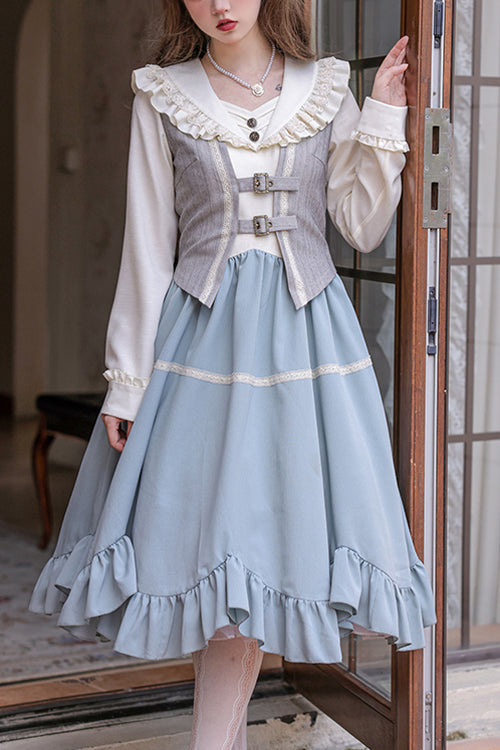 Elegant V-Neck Long Sleeve Petal Hem Three-Piece Lolita OP Set