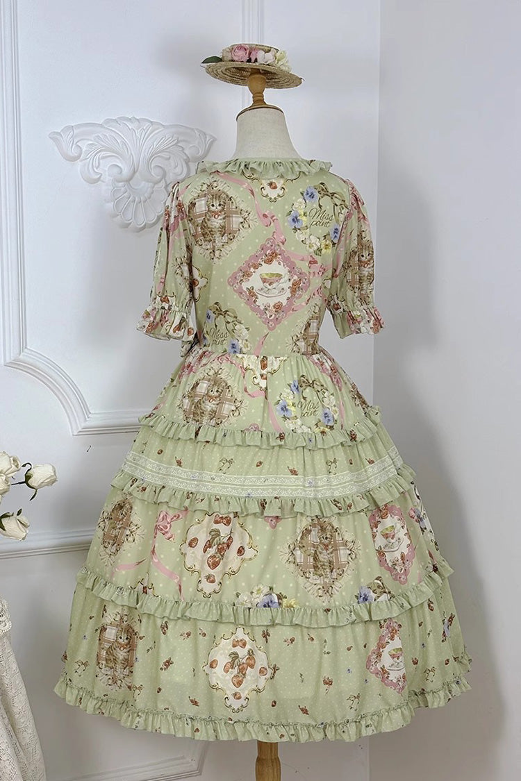 Emerald Cat Rose Tea Short Sleeve Printed Ruffle Cardigan Bow Daily Lolita Gown