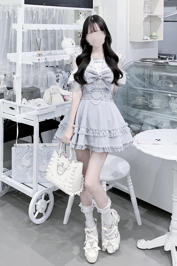Apprentice Witch Off Shoulder Navy Collar Short Sleeves Ruffled Bow Lace Pearl Detail Classic Jirai Kei Japanese Skirt Set