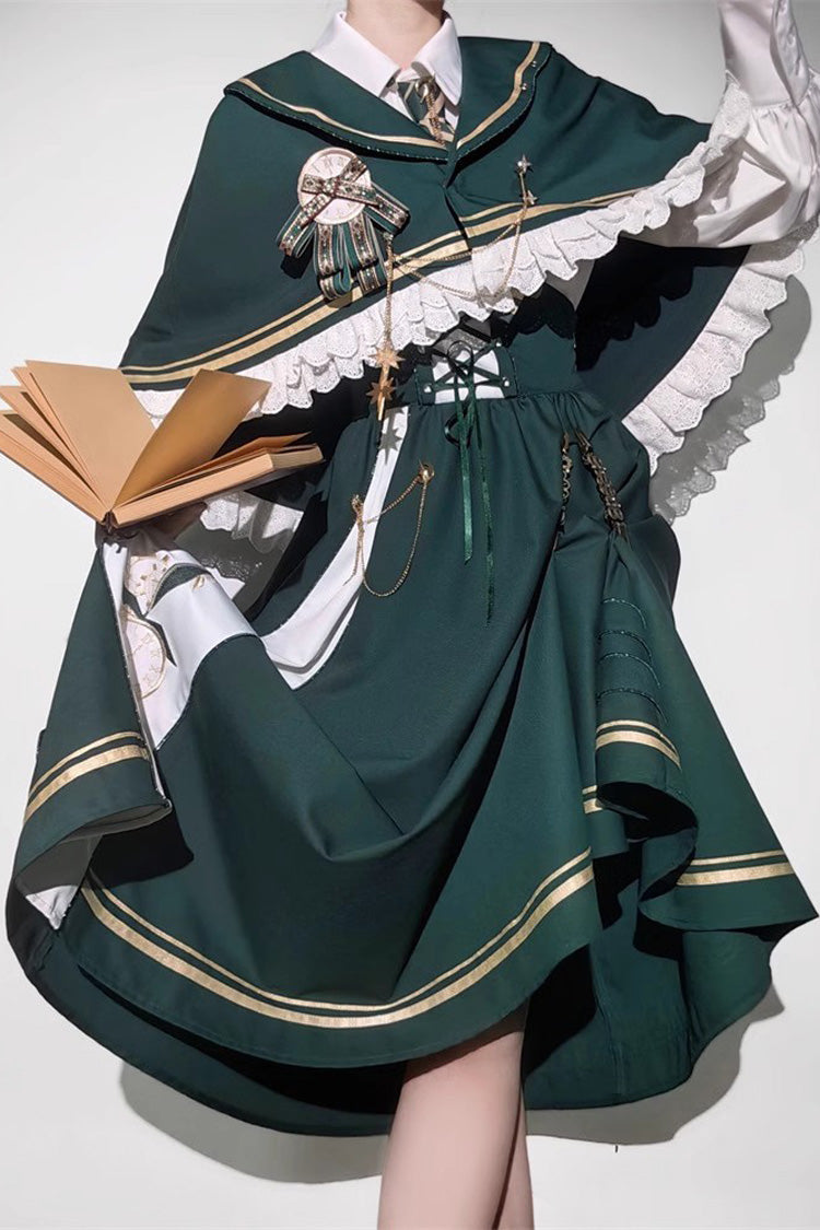 Emerald Time Traveler Print College Style Sweet Lolita Strap Gown 4 Piece Set