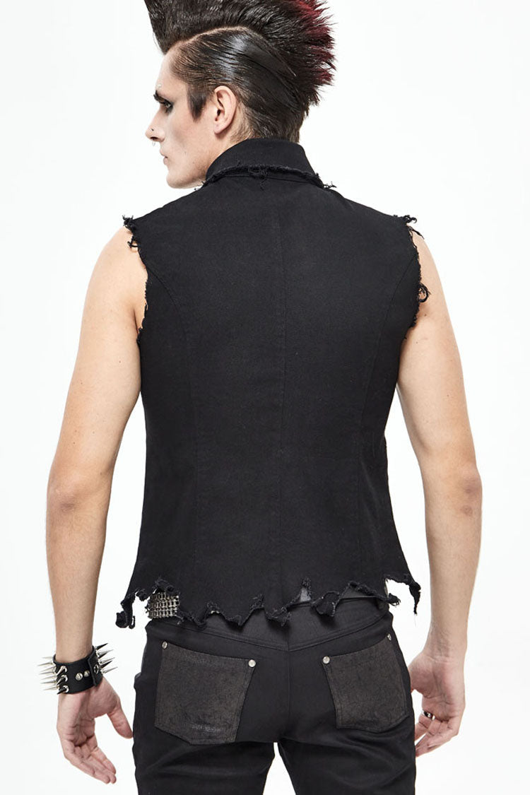 Distressed Mesh-Trimmed Punk Waistcoat with Raw Hem - Noir