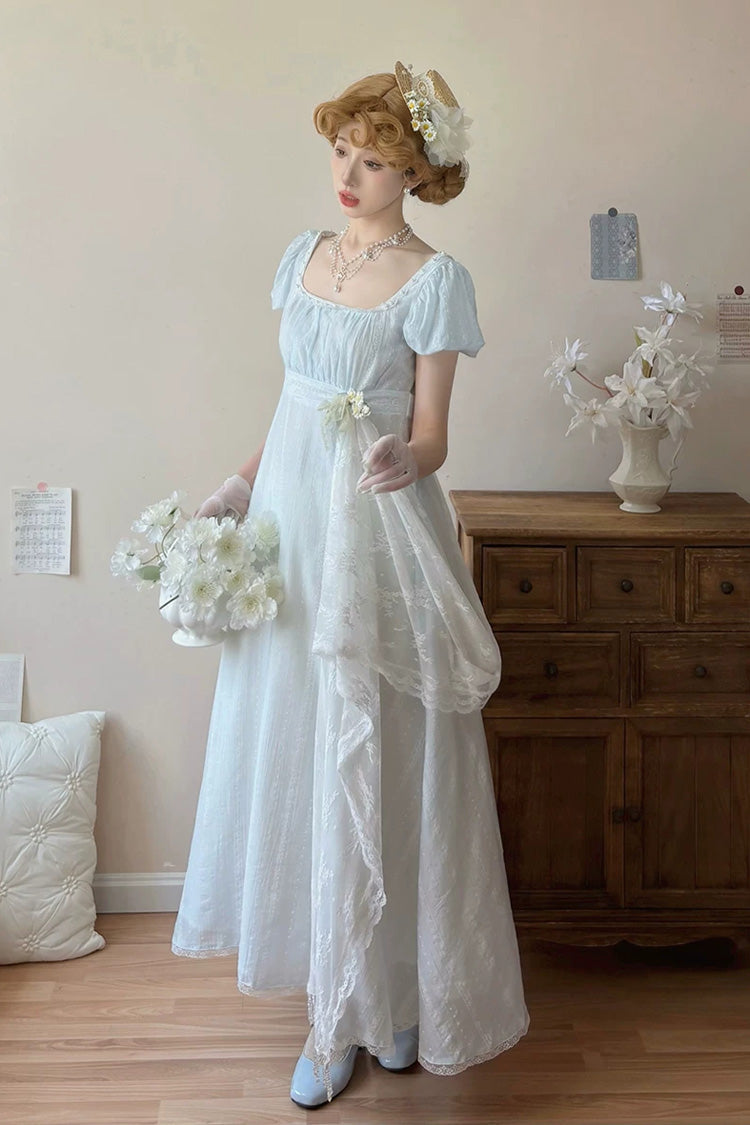 Azure Square Neck Short Sleeve Jacquard Frilled Lace Elegant Lolita Gown